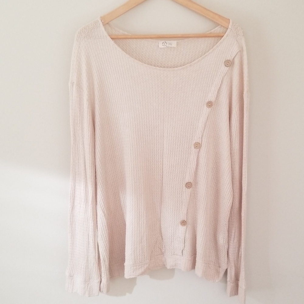 Be Stage oatmeal knit long sleeve top w/buttons 1X
